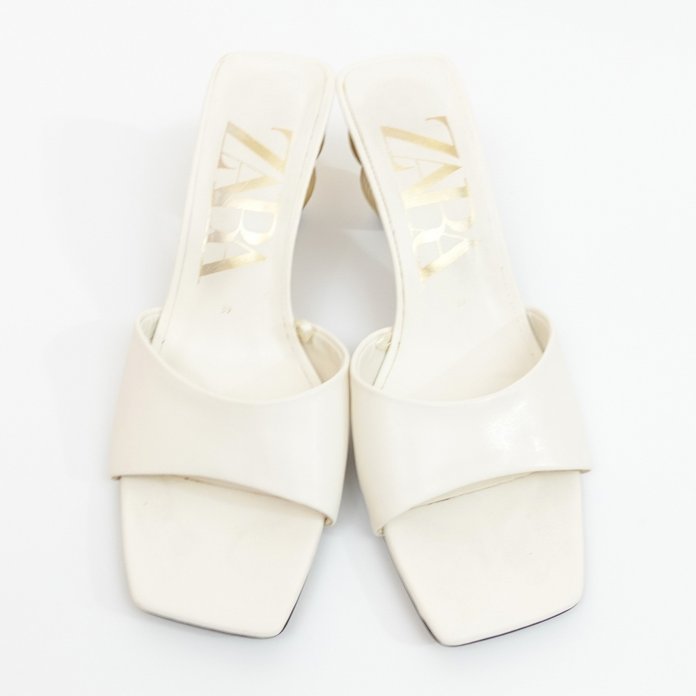 Zara White Slide Sandals with Gold Sculptural Ribbed Block Heel - EU 39/US 8 - Picture 2 of 12